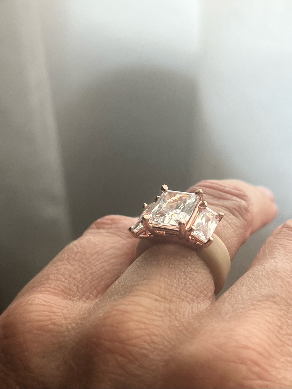 Three-Stone Emerald Cut CZ Crystal Silicone band Ring in Gold / tan size 4 - Picture 12 of 13